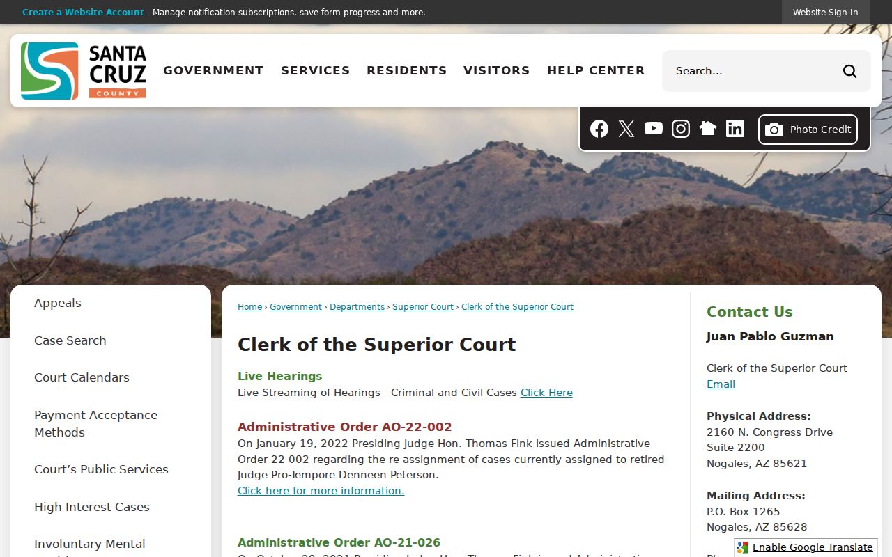 Santa Cruz County criminal court record clerk page